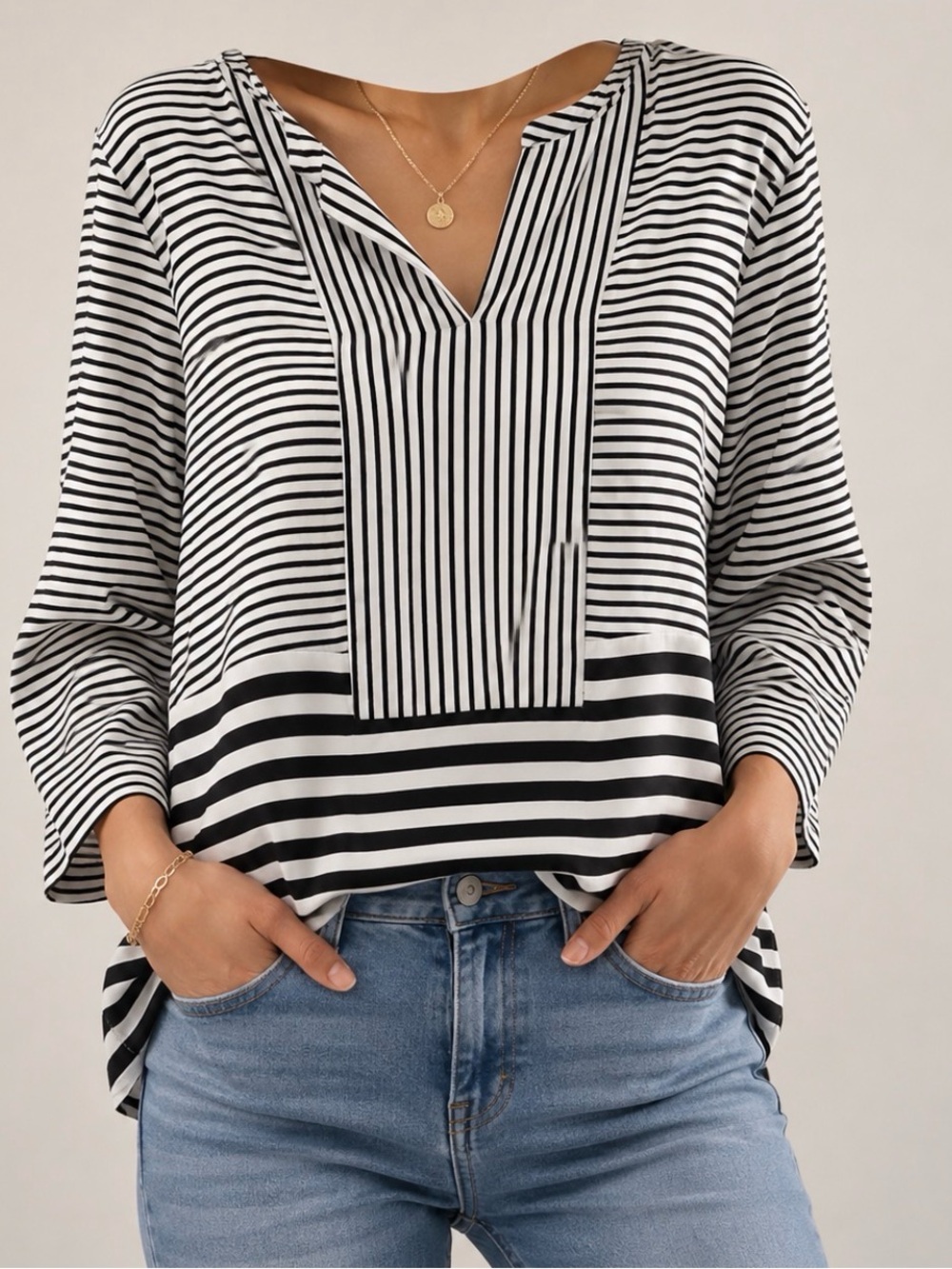 Dana Buchman Womens XL Black White Stripe V-Neck 3/4 Sleeve Geometric Blouse